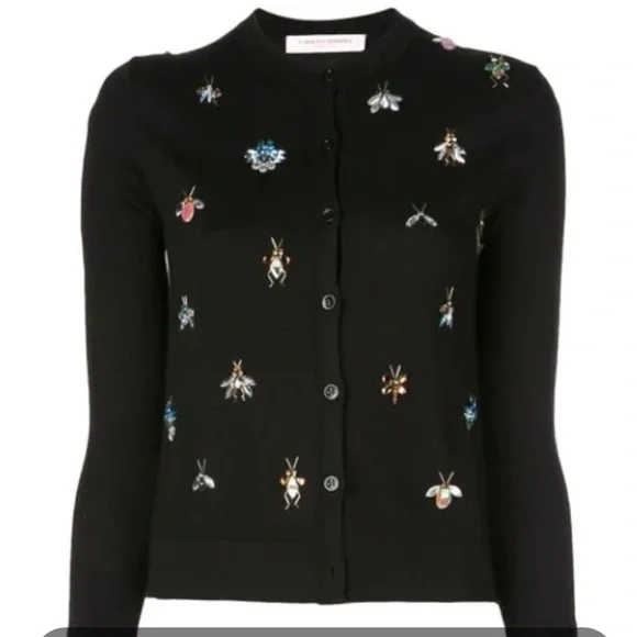 EUC Carolina Herrera Cashmere-silk Jeweled Bug Embroidered Cardigan In Black